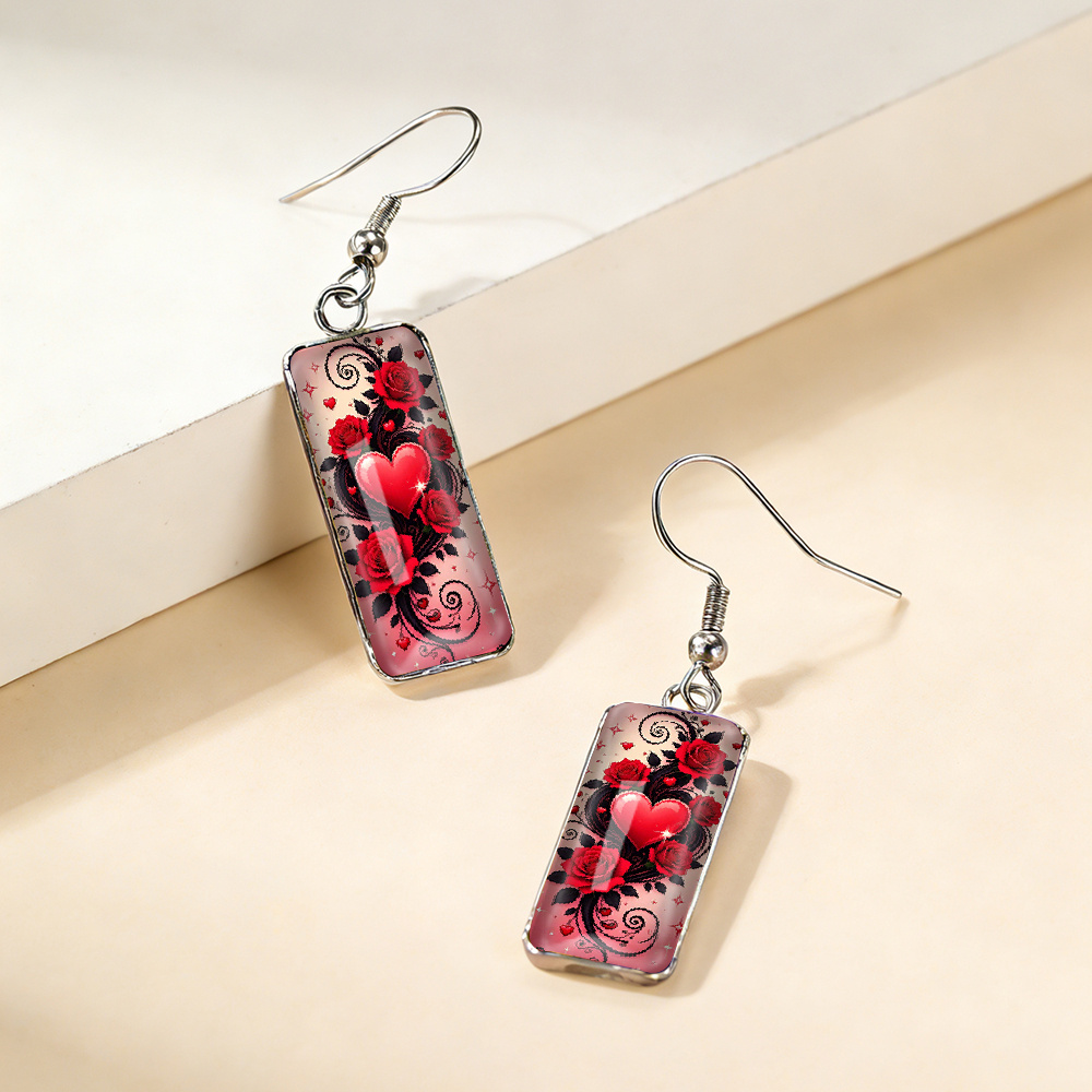 Exquisite Red Rose Heart-shaped Rectangular Earrings